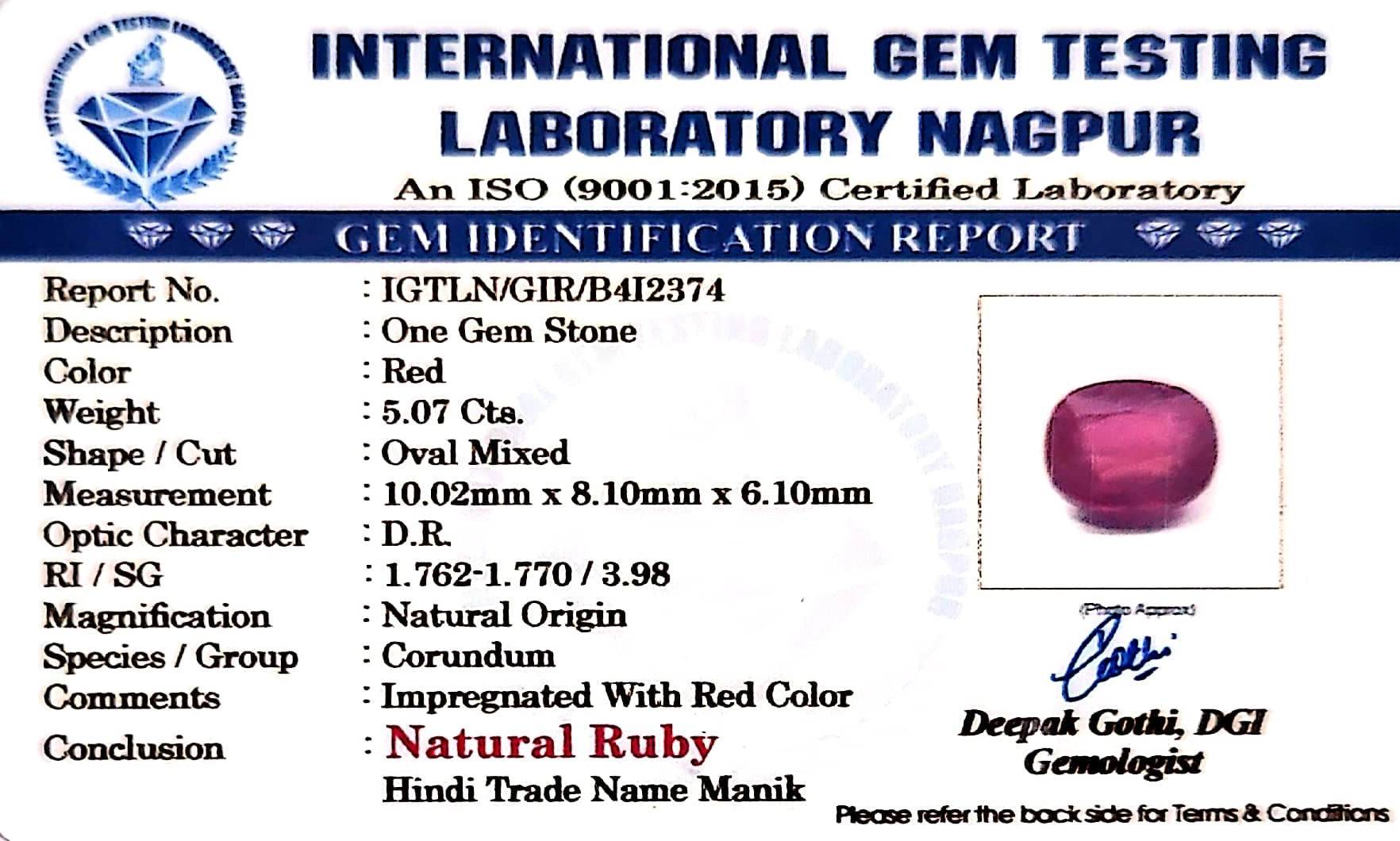 Ruby - Manik Stone - Carat 5.07