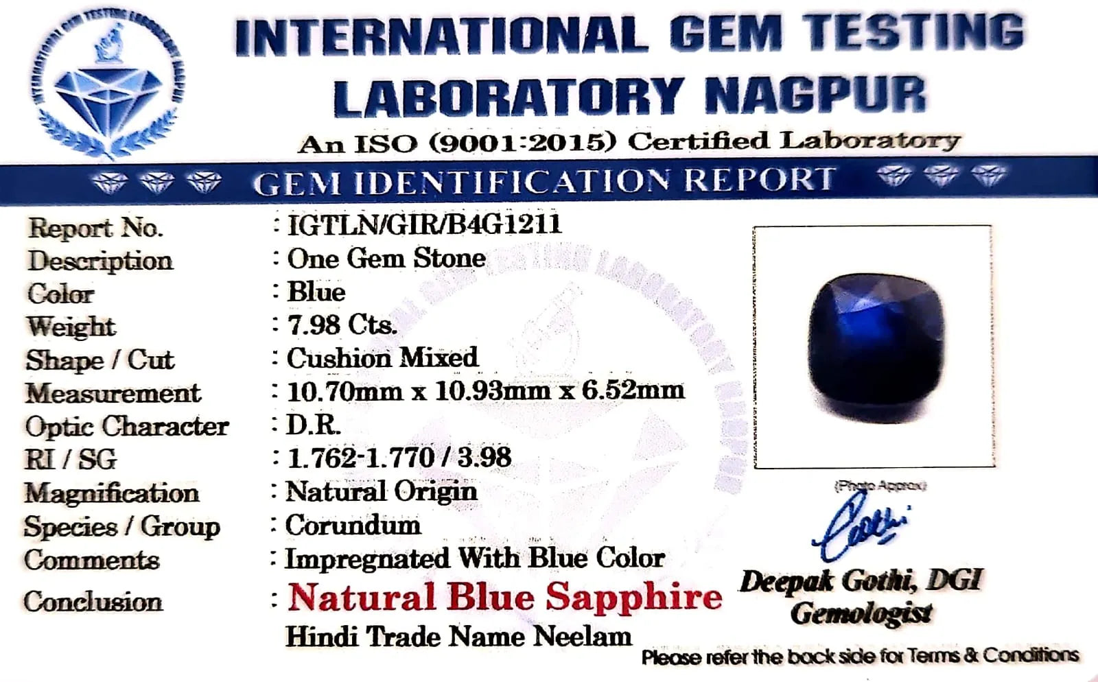 Blue Sapphire Stone (Neelam Stone) - Carat 7.98