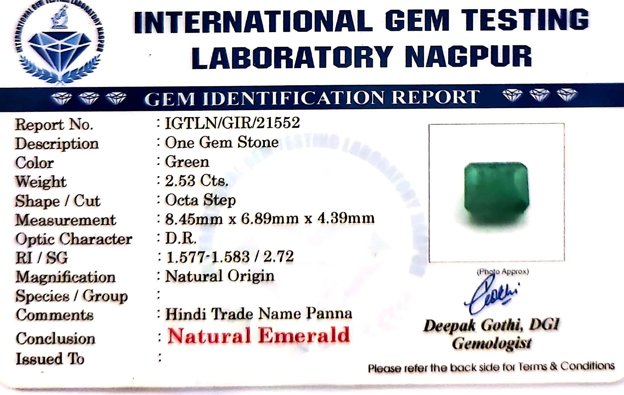 Emerald Stone - Panna stone - Carat 2.53