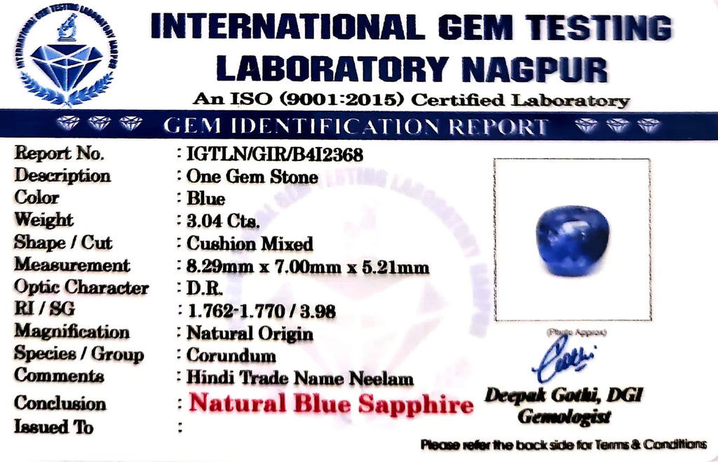 Blue Sapphire Stone (Neelam Stone) - Carat 3.04