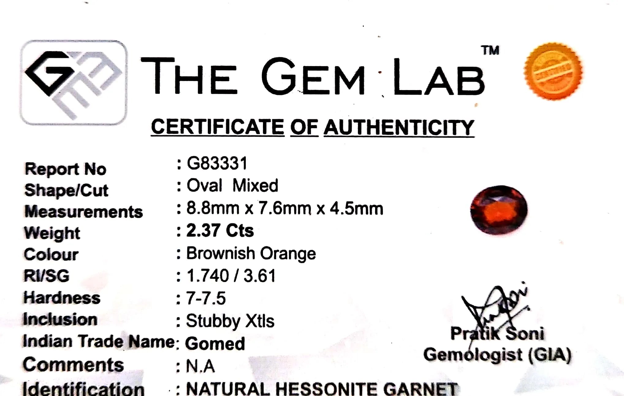 Gomed Stone (Hessonite) - Carat 2.37