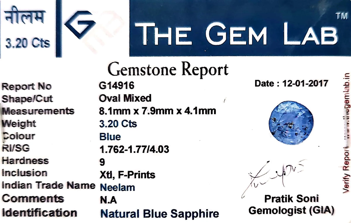 Blue Sapphire Stone (Neelam Stone) - Carat 3.20